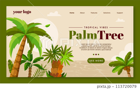 Hand drawn flat palm tree landing page template with tropical palms on coast landscape 113720079