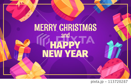 Hand drawn cartoon christmas and new year gift background with falling gift boxes Hand drawn cartoon christmas and new year gift background with falling gift boxes 113720287