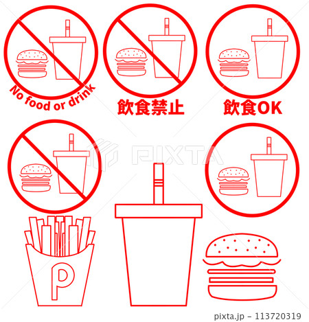 飲食禁止と飲食OKのアイコンセット　シンプルで使いやすい　赤 113720319