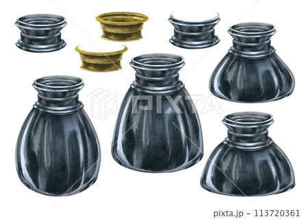 Vintage inkwell from an antique writing set. Watercolor illustration for design templates for invitation, poster, card for Book Day, Teacher's Day, schools, antique shops, libraries, calligraphers Vintage inkwell from an antique writing set. Watercolor illustration for design templates for invitation, poster, card for Book Day, Teacher's Day, schools, antique shops, libraries, calligraphers 113720361