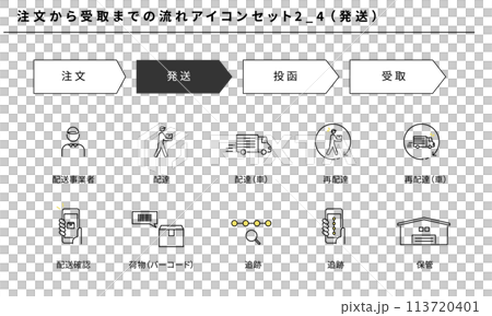 注文から受取までの流れのシンプルアイコンセット2_4（発送）、ベクター素材 113720401