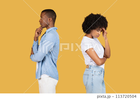 A contemplative young man and a frustrated young woman both deep in thought A contemplative young man and a frustrated young woman both deep in thought 113720504