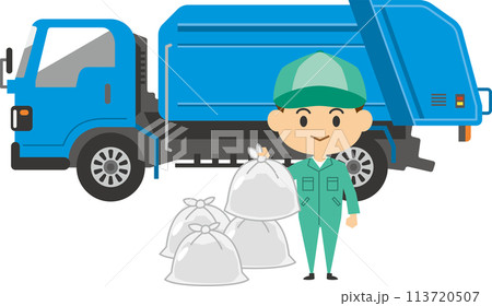 ゴミ収集車とゴミを運ぶ作業員のイメージイラスト 113720507