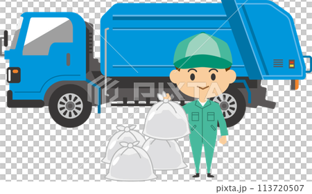 ゴミ収集車とゴミを運ぶ作業員のイメージイラスト 113720507