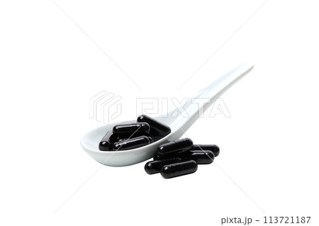 PNG, activated carbon tablets with spoon, isolated on white background. PNG, activated carbon tablets with spoon, isolated on white background. 113721187
