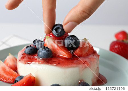 Panna cotta dessert, on the table, close-up. 113721196
