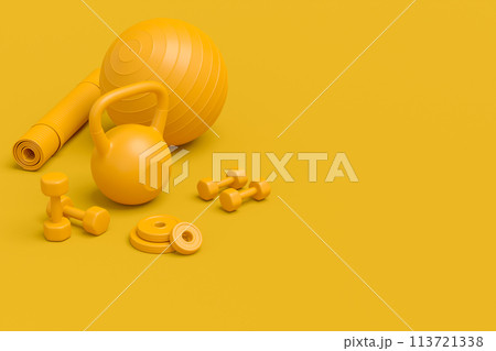 Isometric view of sport equipment like yoga mat, kettlebell, dumbbell and smart watches on monochrome background. 3d render of power lifting and fitness concept 113721338