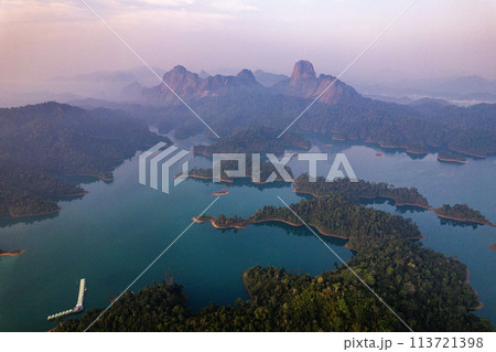 Aerial view of Khao Sok national park at sunrise, in Cheow lan lake, Surat Thani, Thailand 113721398
