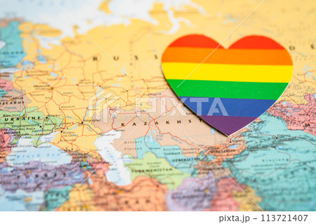 Bangkok, Thailand, June 1, 2022 Rainbow color heart on Russia globe world map background, LGBT pride month. Bangkok, Thailand, June 1, 2022 Rainbow color heart on Russia globe world map background, LGBT pride month. 113721407