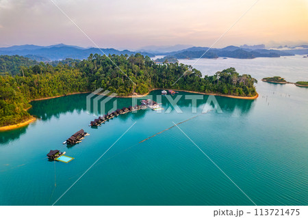 Aerial view of Khao Sok national park at sunrise, in Cheow lan lake, Surat Thani, Thailand 113721475