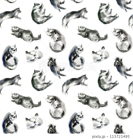 Pattern of cat sketch, animal print stains, beautiful shapes, pastel color palette. Watercolor illustration of sleeping, lying, playing pet. Used in packaging, on fabric, wrapping paper Pattern of cat sketch, animal print stains, beautiful shapes, pastel color palette. Watercolor illustration of sleeping, lying, playing pet. Used in packaging, on fabric, wrapping paper 113721495