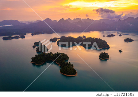 Aerial view of Khao Sok national park at sunrise, in Cheow lan lake, Surat Thani, Thailand 113721508