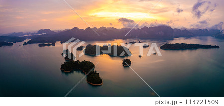 Aerial view of Khao Sok national park at sunrise, in Cheow lan lake, Surat Thani, Thailand 113721509
