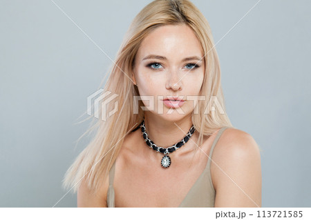 Stylish fashion jewelry model woman. Lady with fresh clean skin, blonde hair  113721585