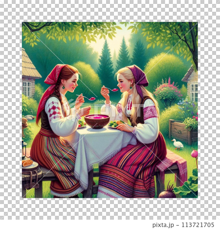 A special day. Two friends dressed up and enjoying a shallot in the garden with ducks nearby. Illustration created by AI. A special day. Two friends dressed up and enjoying a shallot in the garden with ducks nearby. Illustration created by AI. 113721705