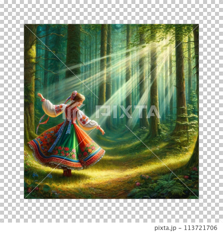 童話森林裡,一個穿著自己最喜歡的美麗刺繡洋裝的女孩在透過樹林的陽光下輕輕舞動。 童話森林裡,一個穿著自己最喜歡的美麗刺繡洋裝的女孩在透過樹林的陽光下輕輕舞動。 113721706