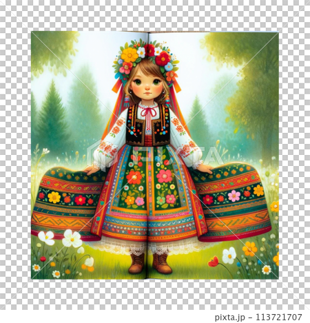 繪本剪裁，女孩攤開繡裙，花朵裝飾頭飾，靴子，絲帶，AI製作 113721707