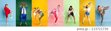 Banner. Collage. Energetic men and women training in motion with sport equipment against multicolored background. Banner. Collage. Energetic men and women training in motion with sport equipment against multicolored background. 113721730