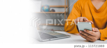 Website page, contact us or email marketing concept, customer support hotline, contact us. Businesswoman sitting and working on computer. Email, phone, address, chat message icon. Website page, contact us or email marketing concept, customer support hotline, contact us. Businesswoman sitting and working on computer. Email, phone, address, chat message icon. 113721869