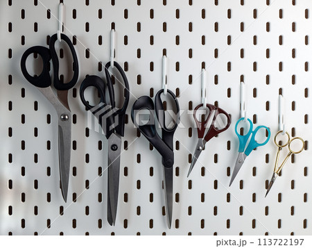 Different pair of scissors are hung on the pegboard. Scissors with different lengths of blades, with different shapes and ergonomics Different pair of scissors are hung on the pegboard. Scissors with different lengths of blades, with different shapes and ergonomics 113722197