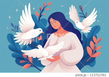 World Peace Day. Woman with pigeons. 113722362