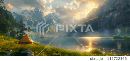 Beautiful campsite. Warm sunlight shine through the mountains onto green field. The lake and tranquil valley are visible in the background. We will experience an adventure amidst the beauty of nature. 113722566
