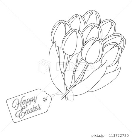 A festive bouquet of tulips with a greeting tag attached - Happy Easter. Beautiful flowers. Perfect for coloring books, coloring page and kids activities or festive holiday crafts. A festive bouquet of tulips with a greeting tag attached - Happy Easter. Beautiful flowers. Perfect for coloring books, coloring page and kids activities or festive holiday crafts. 113722720