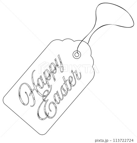 Monochrome coloring page featuring an tag with congratulations and an inscription - Happy Easter. Perfect for kids activities and festive holiday crafts. Monochrome coloring page featuring an tag with congratulations and an inscription - Happy Easter. Perfect for kids activities and festive holiday crafts. 113722724