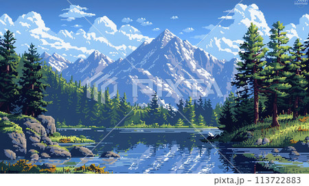 ピクセル　二次元の山の風景のイラスト 113722883