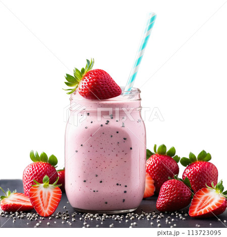 Strawberry yogurt smoothie in a mason jar garnished with fresh strawberry slices and chia seeds 113723095