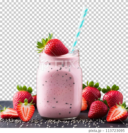 Strawberry yogurt smoothie in a mason jar garnished with fresh strawberry slices and chia seeds 113723095