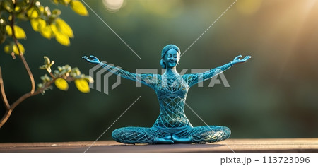 Woman in yoga pose, bent wire figure on nature backdrop, Creative figures symbol of yoga and harmony, art and serenity intersection. Female fitness yoga routine concept. Healthy lifestyle. 113723096