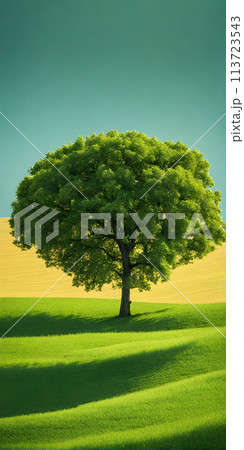 Bright sunlight over serene landscape, minimalistic scenery with single tree on horizon 113723543