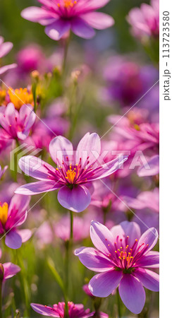 Spring flowers emerging gently, a burst of life in a minimalist landscape. Softly out of focus, lending an ethereal charm Spring flowers emerging gently, a burst of life in a minimalist landscape. Softly out of focus, lending an ethereal charm 113723580