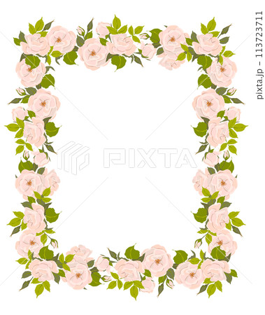 Romantic floral vertical frame, elegant pastel pink flowers, buds and green leaves. A wreath of summer flowers for a wedding invitation in Provence style. Vector flat illustration. Romantic floral vertical frame, elegant pastel pink flowers, buds and green leaves. A wreath of summer flowers for a wedding invitation in Provence style. Vector flat illustration. 113723711
