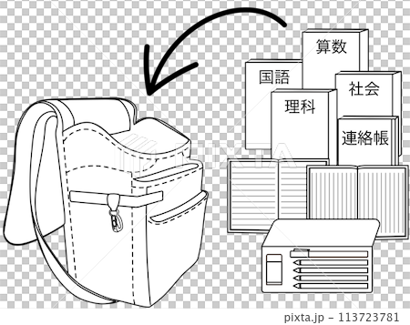 教科書をランドセルに入れるシンプルな線画イラスト 113723781