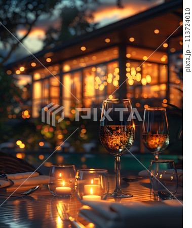 A luxurious dinner table in a pleasant atmosphere. The beautiful scenery makes for a wonderful night. Images like this are often used to post on social media, write blogs or set as wallpaper. A luxurious dinner table in a pleasant atmosphere. The beautiful scenery makes for a wonderful night. Images like this are often used to post on social media, write blogs or set as wallpaper. 113724010