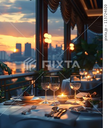 A luxurious dinner table in a pleasant atmosphere. The beautiful scenery makes for a wonderful night. Images like this are often used to post on social media, write blogs or set as wallpaper. 113724020