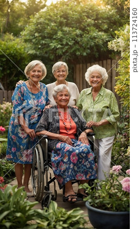 Happy elderly seniors in nursing home, Outdoors in the park. 113724160