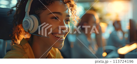 Illustration of call center worker wearing over-ear headphones for company business help desk and telephone assistance concept. Smiling while talking People talking on the phone will feel friendly. Illustration of call center worker wearing over-ear headphones for company business help desk and telephone assistance concept. Smiling while talking People talking on the phone will feel friendly. 113724196