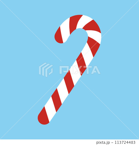 Christmas candy cane with red and white stripes isolated on blue background. Sweet stick for New Year. Vector flat illustration Christmas candy cane with red and white stripes isolated on blue background. Sweet stick for New Year. Vector flat illustration 113724483