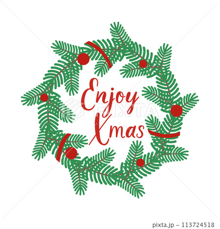 Christmas wreath of Christmas tree branches decorated with red balls, ribbon and lettering isolated on a white background. Vector flat illustration for New Year, Xmas celebration. Round frame, Christmas wreath of Christmas tree branches decorated with red balls, ribbon and lettering isolated on a white background. Vector flat illustration for New Year, Xmas celebration. Round frame, 113724518