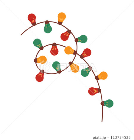 Garland with colorful light bulbs isolated on white background. Christmas, New year, holiday decoration. Vector flat illustration 113724523
