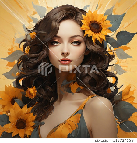 若い女性とひまわり 若い女性とひまわり 113724555
