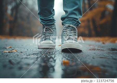 Close-up of a person's shoe while walking. Suitable for accompanying articles about the walking benefits, articles recommending places to walk for exercise, posting pictures with quotes about walking Close-up of a person's shoe while walking. Suitable for accompanying articles about the walking benefits, articles recommending places to walk for exercise, posting pictures with quotes about walking 113724756