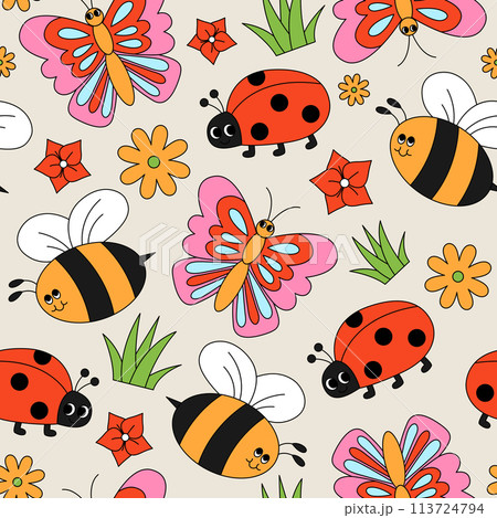 Seamless pattern with insects, flowers andのイラスト素材