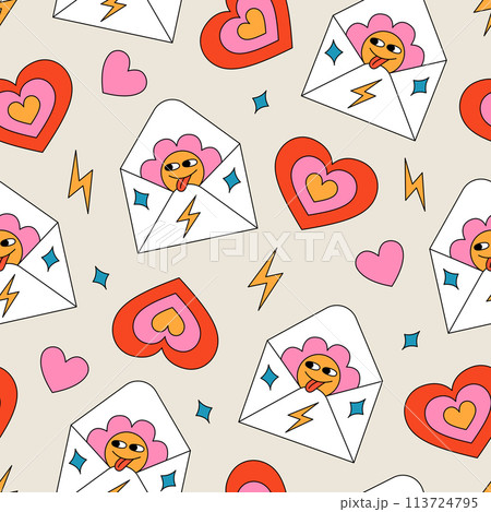 Seamless pattern with an envelope with a flower inside and hearts. Love message concept. Retro style cartoon vector illustration 113724795