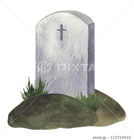 Tombstone, gray gravestone with a cross, hill, grass. Attribute of cemetery, death, Halloween. Memorial Day. Hand drawn watercolor illustration isolated on white background. Clipart spooky picture Tombstone, gray gravestone with a cross, hill, grass. Attribute of cemetery, death, Halloween. Memorial Day. Hand drawn watercolor illustration isolated on white background. Clipart spooky picture 113724910