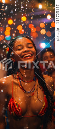 A beautiful woman who is extremely happy, It was as if in her mind she saw herself happily dancing outdoors with her friends in the rain the lights lit up with beautiful colors refreshing atmosphere. A beautiful woman who is extremely happy, It was as if in her mind she saw herself happily dancing outdoors with her friends in the rain the lights lit up with beautiful colors refreshing atmosphere. 113725157