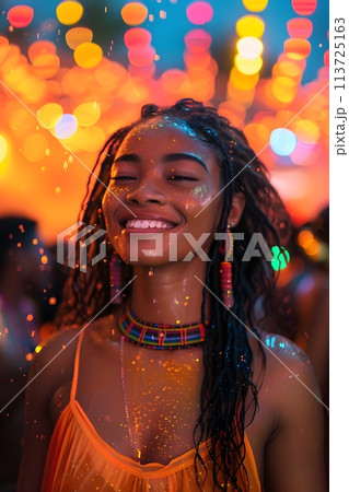 A beautiful woman who is extremely happy, It was as if in her mind she saw herself happily dancing outdoors with her friends in the rain the lights lit up with beautiful colors refreshing atmosphere. A beautiful woman who is extremely happy, It was as if in her mind she saw herself happily dancing outdoors with her friends in the rain the lights lit up with beautiful colors refreshing atmosphere. 113725163